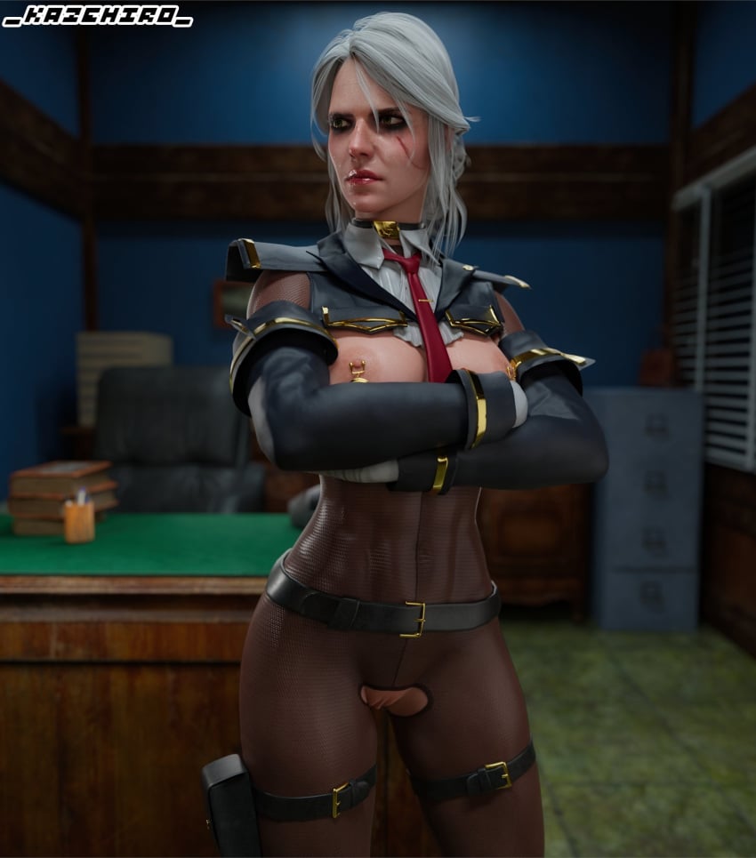 3d breasts cd_projekt_red ciri clothing female green_eyes kazehiro light-skinned_female mascara nipple_piercing nipples pussy scar solo the_witcher_(series) the_witcher_3:_wild_hunt wet_body white_hair