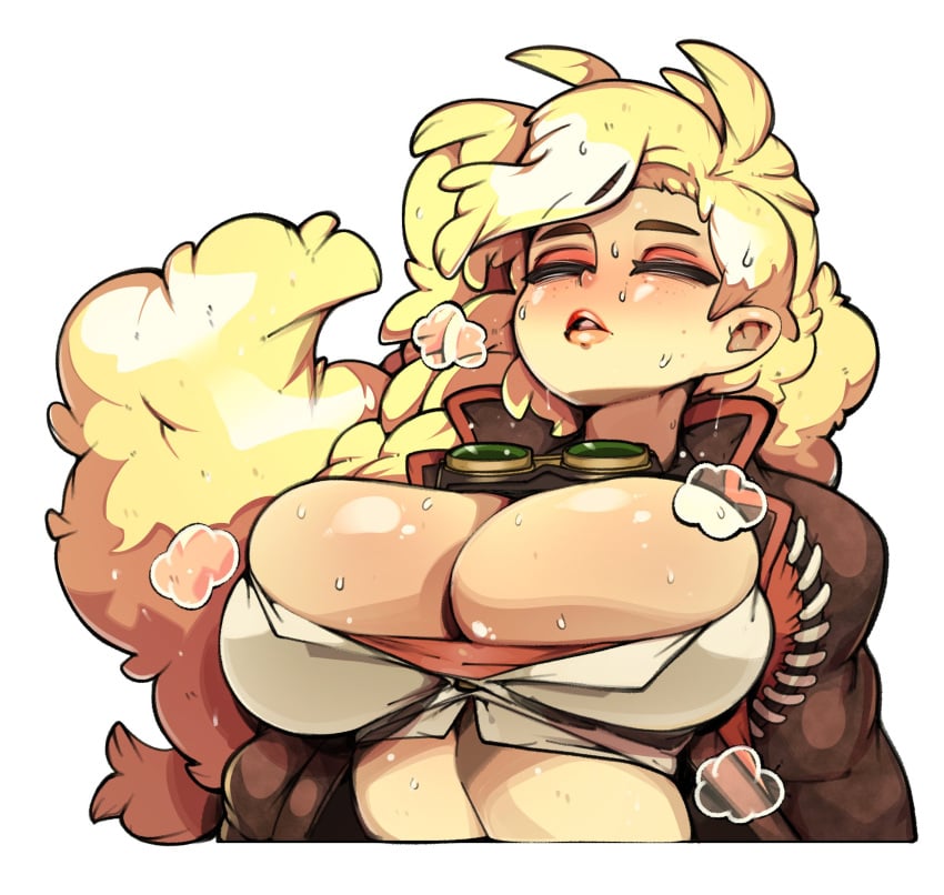 blonde_hair gemma_(monster_hunter_wilds) large_breasts monster_hunter monster_hunter_wilds slugbox steam sweat tagme