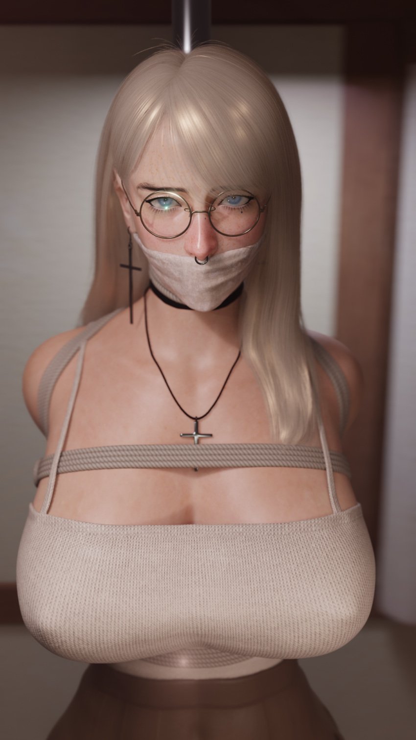 1girls 3d 3d_(artwork) arms_behind_back bagged_hands black_choker blender blender_eevee blonde_hair blue_eyes bondage bondage_mittens bound bound_ankles bound_arms bound_legs bound_wrists captured choker cloth_gag collar cross_earrings cross_necklace damsel_in_distress english_text gag gagged glasses grace_(osimai) helpless huge_breasts kidnapped lip_piercing loafers looking_at_viewer mouth_stuffed muffled muffled_moaning muffled_speech neck_tied nose_piercing nose_ring original_character osimai otm_gag over_the_mouth_gag pleated_skirt pole pole_tied rope rope_around_chest rope_around_neck rope_bondage rope_harness shoes skirt tank_top text tied_to_pole tied_up worried worried_expression