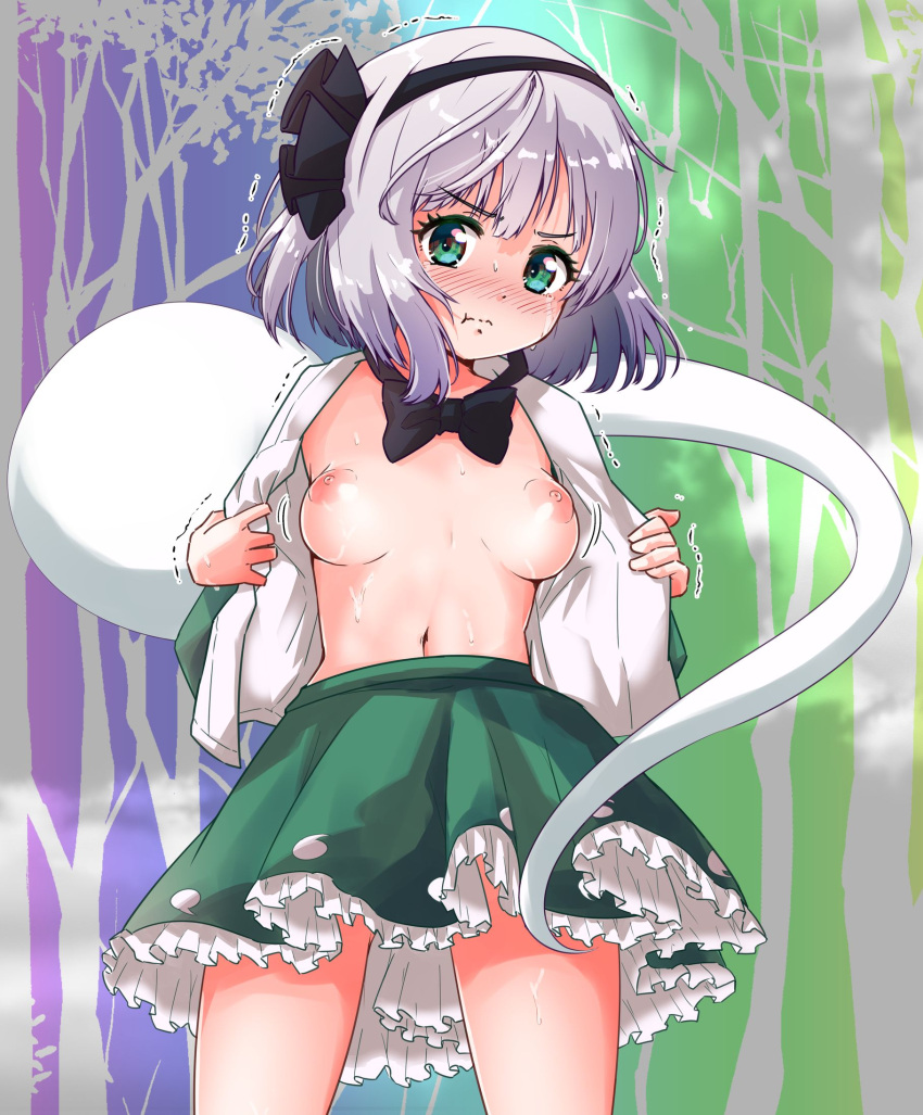 areolae bangs black_hairband black_neckwear blush bob_cut breasts breasts_day commentary_request cowboy_shot embarrassed female frilled_skirt frills full-face_blush green_eyes green_skirt green_vest hairband highres hitodama hitodama_print hits_(hitstts) navel nipples pout puffy_short_sleeves puffy_sleeves shiny shiny_skin shirt short_hair short_sleeves silver_hair skirt small_breasts solo standing stomach sweat sweatdrop thighs touhou trembling upper_body vest white_shirt youmu_konpaku youmu_konpaku_(ghost)