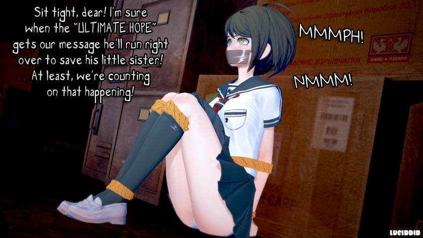 1girls 3d bondage bound_ankles bound_knees bound_wrists captured captured_heroine danganronpa danganronpa_ultra_despair_girls dialogue hostage kidnapped kidnapped_girl koikatsu large_breasts luciddid naegi_komaru panties school_uniform skirt_lift tape_bondage tape_gag teenage_girl thick_thighs tied_hair upskirt