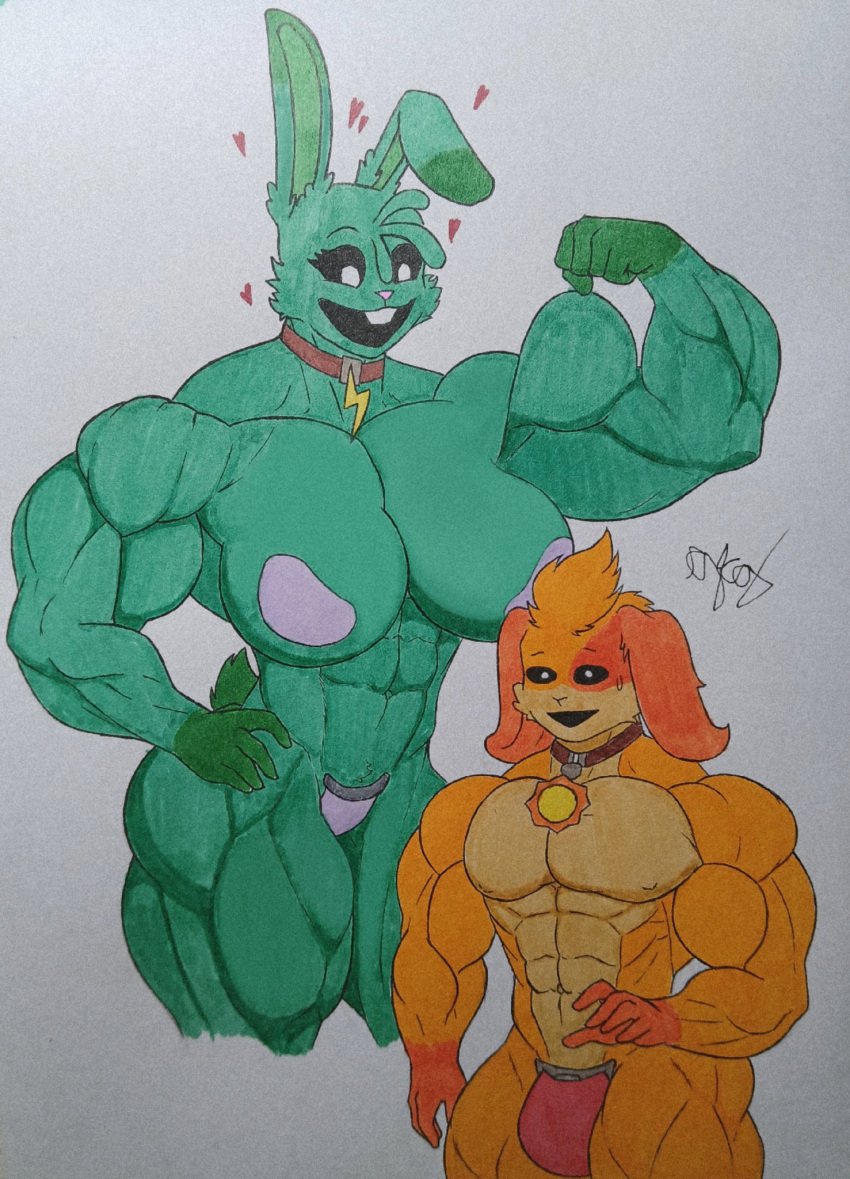 abs animal_humanoid anthro big_breasts black_sclera breasts bulge canid canid_humanoid canine canine_humanoid canis collar covering covering_breasts covering_crotch dog_humanoid dogday_(poppy_playtime) domestic_dog duo female flexing flexing_bicep fur green_body green_fur green_hair hair hi_res hoppy_hopscotch humanoid lagomorph lagomorph_humanoid leporid leporid_humanoid male male/female mammal mammal_humanoid mob_entertainment muscular muscular_anthro muscular_arms muscular_female muscular_humanoid muscular_male muscular_thighs orange_body orange_fur poppy_playtime rabbit rabbit_humanoid smiling_critters white_eyes wolphox