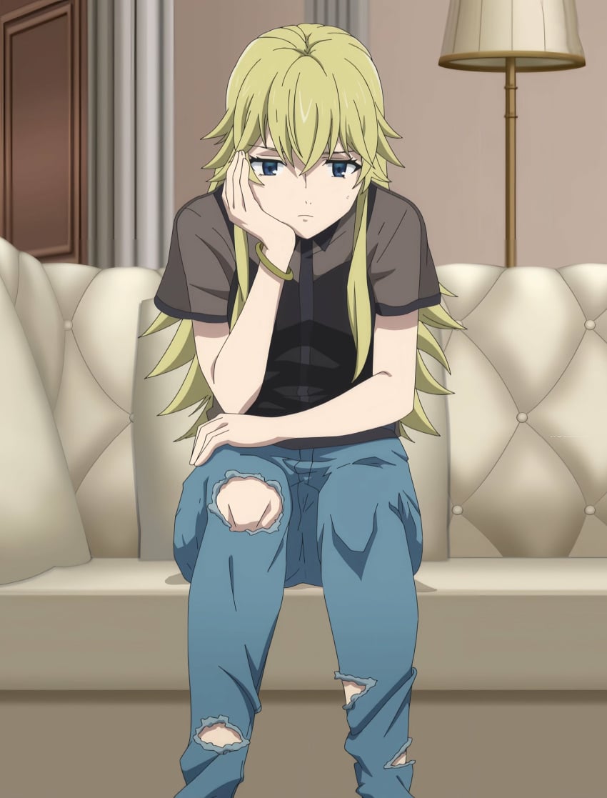 1girls arms blonde_hair blue_eyes clothed disinterested female hands jeans kyokou_suiri legs light_skin long_hair medium_breasts otonashi_rion screencap screenshot sitting trousers unimpressed yellow_hair