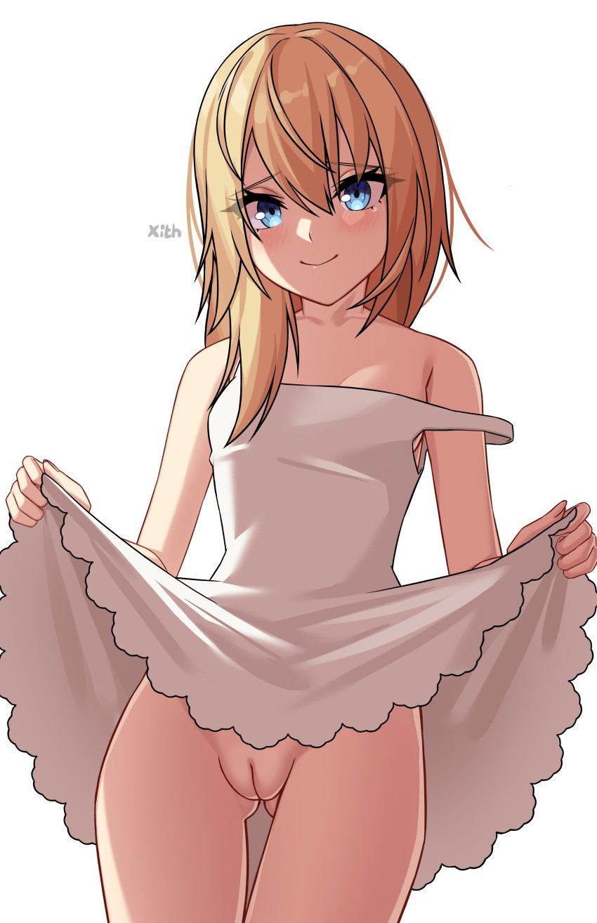 1girls bare_shoulders blonde_hair blue_eyes blush dress dress_lift female kingdom_hearts kingdom_hearts_chain_of_memories light-skinned_female light_skin long_hair namine partially_clothed presenting presenting_pussy shaved_pussy solo solo_female strap_slip x_xith_x