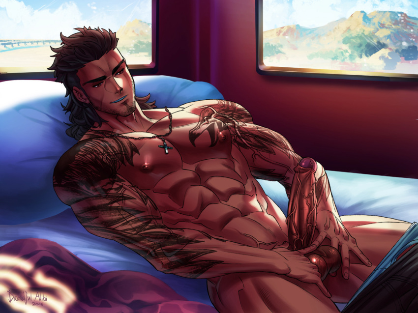 1boy abs bara bed black_hair dreadful_alibi erection facial_hair final_fantasy final_fantasy_xv gladiolus_amicitia grin lying male_only muscle naughty_face pecs penis penis_grab pillow scar smile smirk solo_focus testicle_grab testicles topless window