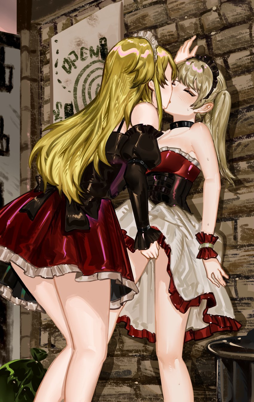 2girls armpits arms artstyle_imitation ash_hair assertive_female blonde_hair blue_eyes calves clothed crotch danganronpa_artstyle dominant_female femdom fingering french_kiss hand_under_skirt hands headdress kabedon kissing kneepits knees kyokou_suiri legs light_skin long_hair maid maid_headdress maid_uniform masturbation medium_breasts otonashi_rion pinned_to_wall rogunsou skirt thighs twintails waitress yellow_hair yuri