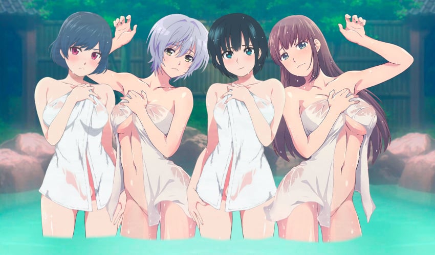 4girls bare_legs bare_shoulders blue_hair botan_nagatsuki brown_hair cleavage hot_spring kikuchi_fuuka large_breasts long_hair looking_at_viewer medium_breasts short_hair silver_hair standing tachibana_hina tachibana_rui towel