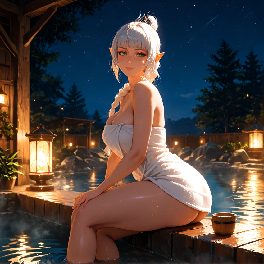 1girls ai_generated arm_support baldur&#039;s_gate_3 bare_legs braided_hair elf green_eyes hand_on_thigh hartman_hips looking_at_viewer looking_to_the_side night outdoors scar shadowheart sitting soft_smile thick_thighs towel_wrap white_hair