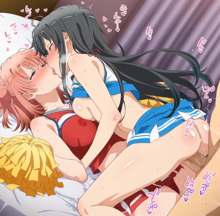 1boy 2girls ai_generated bisexual bisexual_female black_hair blush breast_press breasts_out cheerleader cheerleader_uniform closed_eyes fucked_from_behind kissing large_breasts lying_on_bed making_out mostly_clothed nipples_visible_through_clothing orange_hair pom_poms sweat yukinoshita_yukino