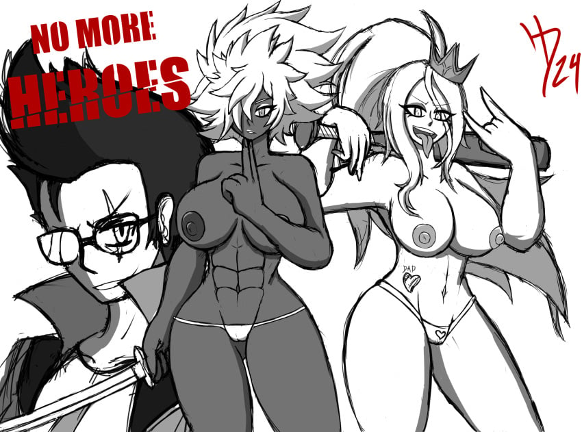 1boy 2girls abs afro bad_girl_(nmh) big_breasts cleft_of_venus crown dark-skinned_female dark_nipples eyeshadow hollardude muscular_female nipples no_more_heroes panties ponytail self_upload shinobu_jacobs suda_51 sunglasses tattoo thick_thighs tongue_out topless travis_touchdown video_games white_hair