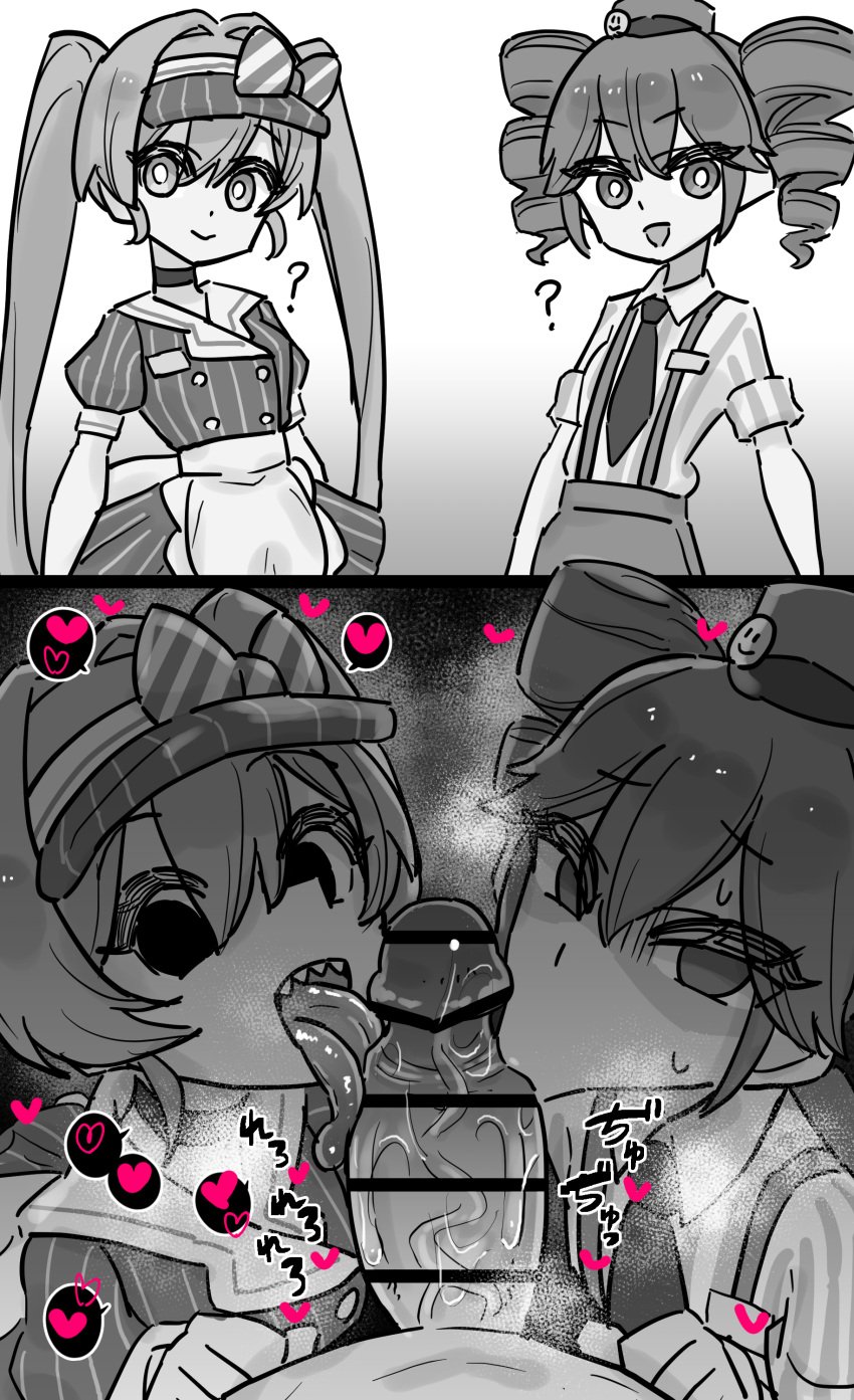 1boy 2d 2d_(artwork) 2girls :>= alternate_version_available black_and_white blowjob blowjob_face censored censored_penis clothed clothed_female clothed_female_nude_male clothing cooperative_fellatio fellatio female female_focus greyscale hat hatsune_miku heart heart-shaped_pupils heart_symbol hearts_around_head huge_cock hypnosis kasane_teto kasane_teto_(sv) licking licking_penis loving_it male mesmerizer_(vocaloid) mesmerizer_miku mesmerizer_teto nude nude_male oral oral_sex penis question_mark questionable_consent reloco sharp_teeth straight twin_drills twintails