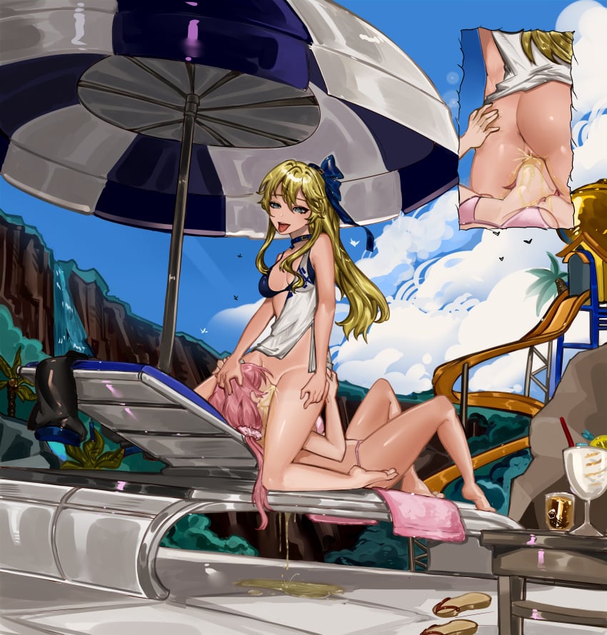 2girls anus artstyle_imitation assertive_female asshole belly bikini blonde_hair blue_eyes breasts calves chest collar crotch cunnilingus danganronpa_artstyle dominant_female drinking eating_out eating_pussy ejaculation facesitting feet femdom hands holding_head horny kyokou_suiri legs light_skin long_hair lying medium_breasts naked no_pubic_hair nude on_top otonashi_rion pee pee_on_face peeing peeing_in_mouth peeing_on_another pink_hair piss_drinking piss_drinking_urine pissing_in_mouth ponytail pool poolside pushing_head pussy ribbon rogunsou sitting smile thighs toes tongue tongue_out urinating urinating_female urination urine vagina water_park yellow_hair yuri