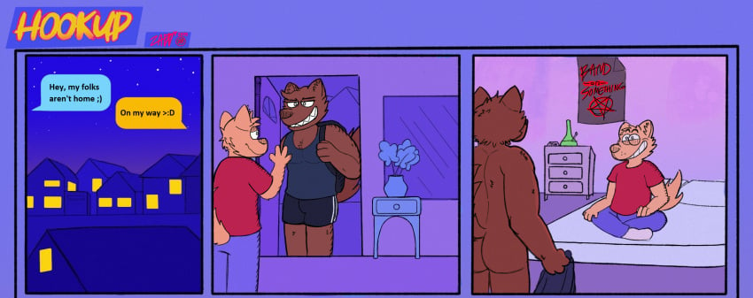 age_difference anthro ass athletic_wear back_muscles backpack bedroom big_power_bottom body_hair bong bottomwear bulge canid canine canis chadzadd chest_hair clothing comic comic_panel confident confident_male dennis_(chadzadd) dialogue domestic_dog door drugs excited excited_for_sex eyebrows footwear furniture gesture grin grindr gym_bottomwear gym_shorts head_tuft hi_res holding_object hookup imminent_sex inner_ear_fluff male male/male mammal mattress muscular nervous_smile night nude outside plant poster rear_view rooftop shirt shorts simple_background size_difference smile socks solo spencer_(chadzadd) t-shirt tail tank_top text text_message toony topwear tuft waving window wolf