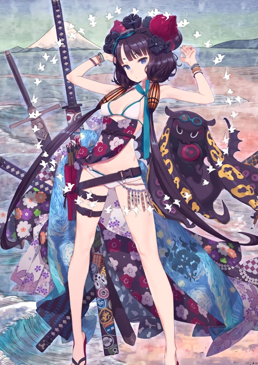 1girls armpits arms belly bikini black_hair blue_eyes breasts brocade calves chest fate/grand_order fate_(series) feet female full_body hair_ornament hands katsushika_hokusai_(fate) katsushika_hokusai_(swimsuit_saber) knees kuroboshi_kouhaku legs light_skin long_hair neutral_expression official_art painter purple_hair sandals sfw sheath slim small_breasts swimsuit sword thighs twintails