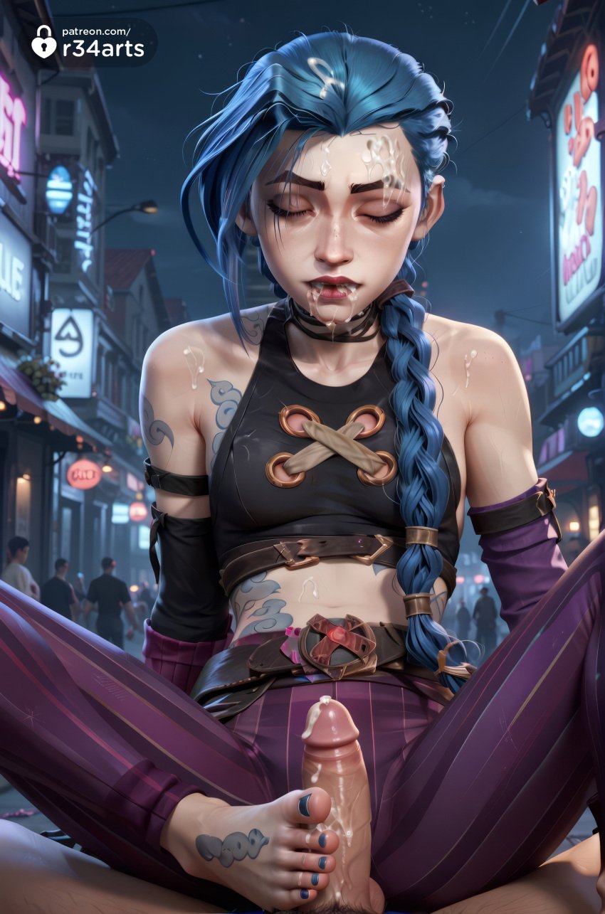 1boy 1boy1girl 1girls ai_generated arcane artist_name bare_shoulders barefoot blue_hair blue_nails braid breasts choker closed_eyes crop_top cum cum_on_body cum_on_clothes cum_on_hair facial feet footjob hi_res jinx_(league_of_legends) league_of_legends long_hair male_pubic_hair nail_polish netflix night outdoors pants penis pov pubic_hair r34arts riot_games solo_focus spread_legs straight striped_clothes striped_pants tattoo toenail_polish toenails toes uncensored web_address