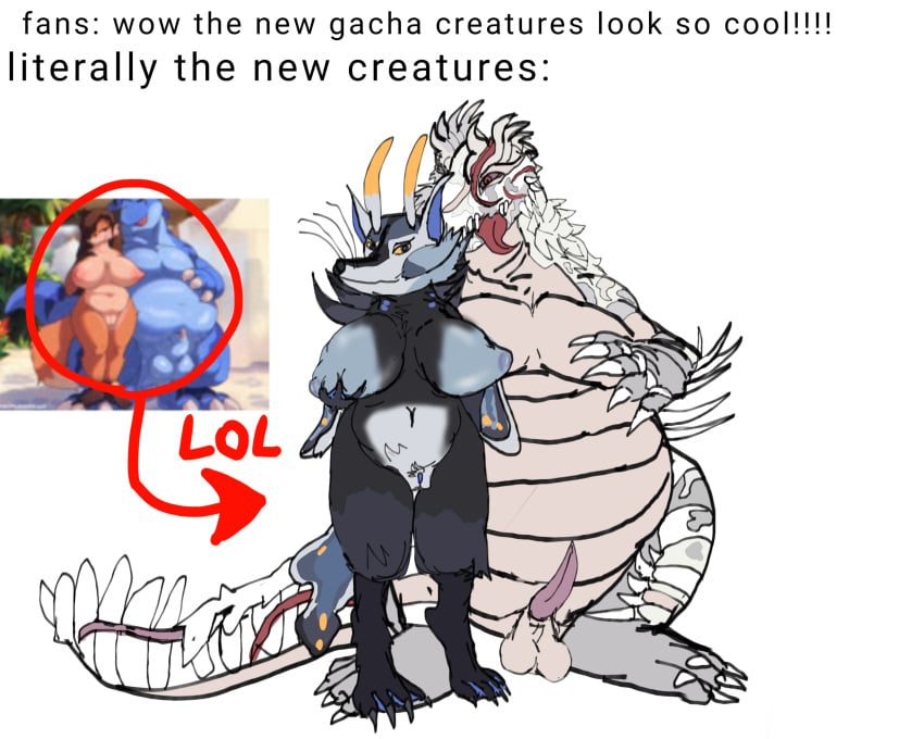 1girl1boy anthro anthro_only big_breasts chromohege creatures_of_sonaria crocodilian digitigrade grabbing_own_breast hedgehog meme miata_(zonkpunch) reference reference_image sagaris_(zonkpunch) saggy_balls sarcosiris satire self_upload tapering_penis text thick_thighs tongue_out zonkpunch