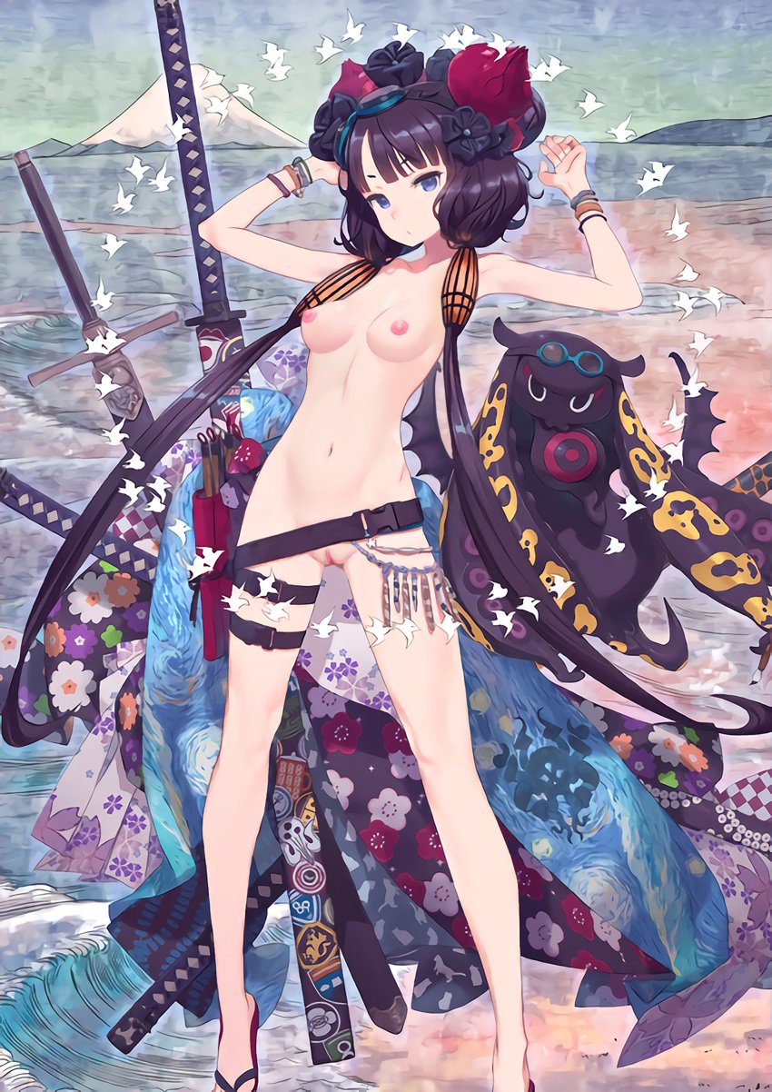 					official_art 	1girls 	bikini 	chest 	full_body 	hair_ornament 	katsushika_hokusai_(fate) 	kuroboshi_kouhaku 	legs 	light_skin 	long_hair 	painter 	sandals 	slim 	small_breasts 	swimsuit 	twintails areolae armpits arms belly belly_button black_hair blue_eyes breasts brocade calves fate/grand_order fate_(series) feet female hands katsushika_hokusai_(swimsuit_saber) knees naked neutral_expression nipples no_pubic_hair nude purple_hair pussy sheath sword thighs vagina