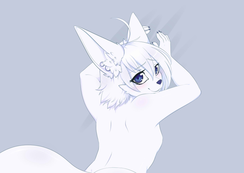 anus blue_eyes breasts canine female fennec fox hi_res looking_at_viewer mammal miiyori monochrome nude pussy small_breasts solo