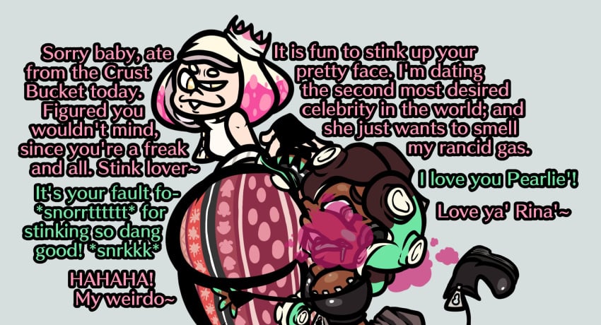 ass bubble_butt fart fart_cloud farting_in_face flare_pants marina_(splatoon) pearl_(splatoon) sniffing_ass splatoon