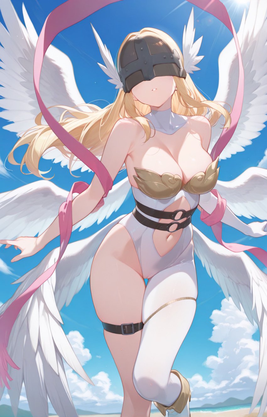 angewomon beach blonde_hair cloud digimon fairy legs mask navel ribbon sky strap sunlight verdastra wings