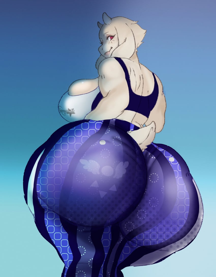 boss_monster cleavage_overflow deltarune female female_only flare_pants forbidden_pants gatoradeew goat_ears goat_girl horns huge_ass huge_breasts hyper_ass looking_at_viewer looking_back massive_ass mature mature_female mature_woman milf purple_pants red_eyes smiling_at_viewer solo tail toned_butt toriel two-tone_sports_bra undertale white_fur wide_hips