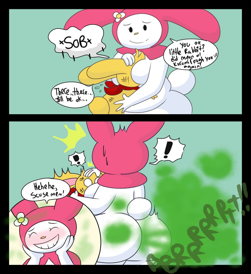 ! 1boy1girl 2_panel_comic anthro ass bandana blush brappycatty bubble_butt bunny_boy bunny_girl bunny_hood comforting comic dialogue fart fart_cloud farting fat_ass hugging my_melody rabbit red_bandana sanrio shocked shocked_expression shy size_difference sunniefunnie sweatdrop two_panel_image white_fur yellow_fur