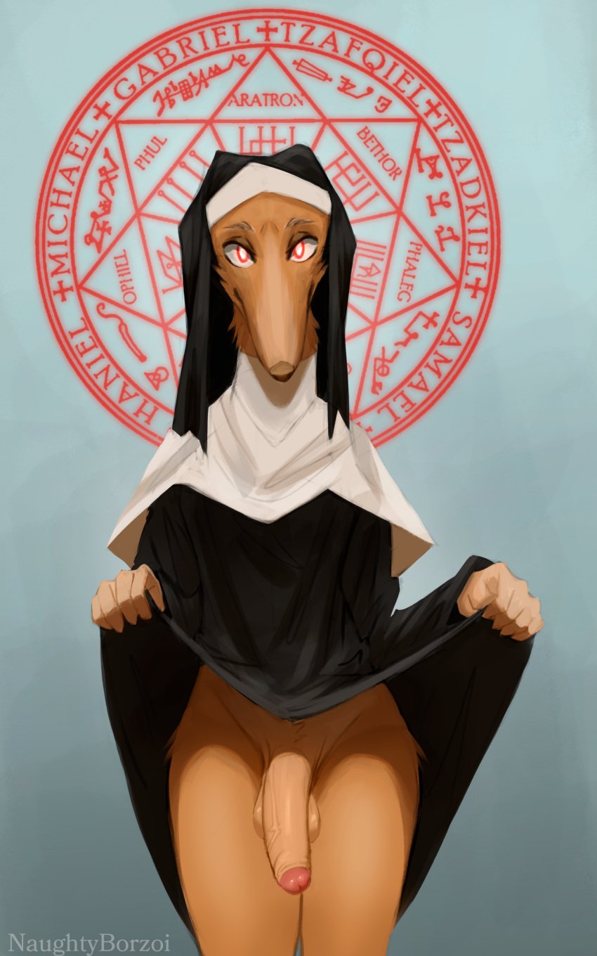 absurd_res anthro balls big_penis borzoi canid canine canis clothed clothing demon demonic domestic_dog erection femboy foreskin fur genitals hi_res humanoid humanoid_genitalia hunting_dog looking_at_viewer male mammal naughty_borzoi nude nun nun_outfit penis possession presenting religion religious_clothing rob_(roberttristeart) saggy_balls satanic showing_butt sighthound smile solo vein veiny_penis