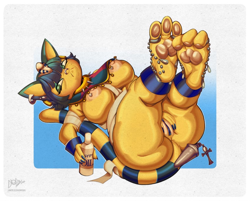 2025 3_toes 4_fingers animal_crossing ankh ankha ankha_(animal_crossing) anklet anthro areolae artist_name artist_signature ass bandages big_breasts blue_eyes blue_hair breasts collar dat_ass digital_drawing_(artwork) digital_media_(artwork) disinterested domestic_cat doomsday_(doomsday-ent) doomsday_anthro doubutsu_no_mori earrings egyptian eyebrows eyebrows_visible_through_hair eyelashes eyeshadow feet feline foot_fetish frown full_body furry genitals gold_jewelry gradient_background headwear highres holding_object jewelry laying_down legs_up looking_away nairu_(doubutsu_no_mori) necklace nintendo nose_ring oiled_skin on_back partially_clothed pawpads pierced_nipples piercing plantigrade pussy sex_toy shiny_skin short_hair solo solo_female spiked_collar tail thick_ass thick_thighs toe_ring underboob wide_hips wraps yellow_body