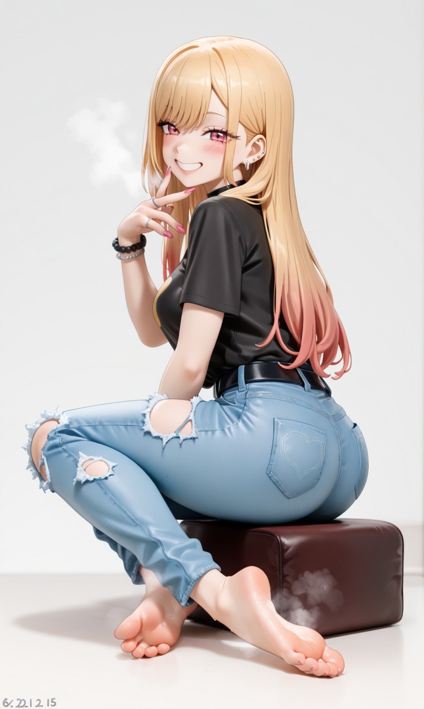 ai_generated ass barefoot blonde_hair breasts feet female female_only foot_fetish fully_clothed jeans kitagawa_marin looking_at_viewer nail_polish shirt smile soles sono_bisque_doll_wa_koi_wo_suru toes young