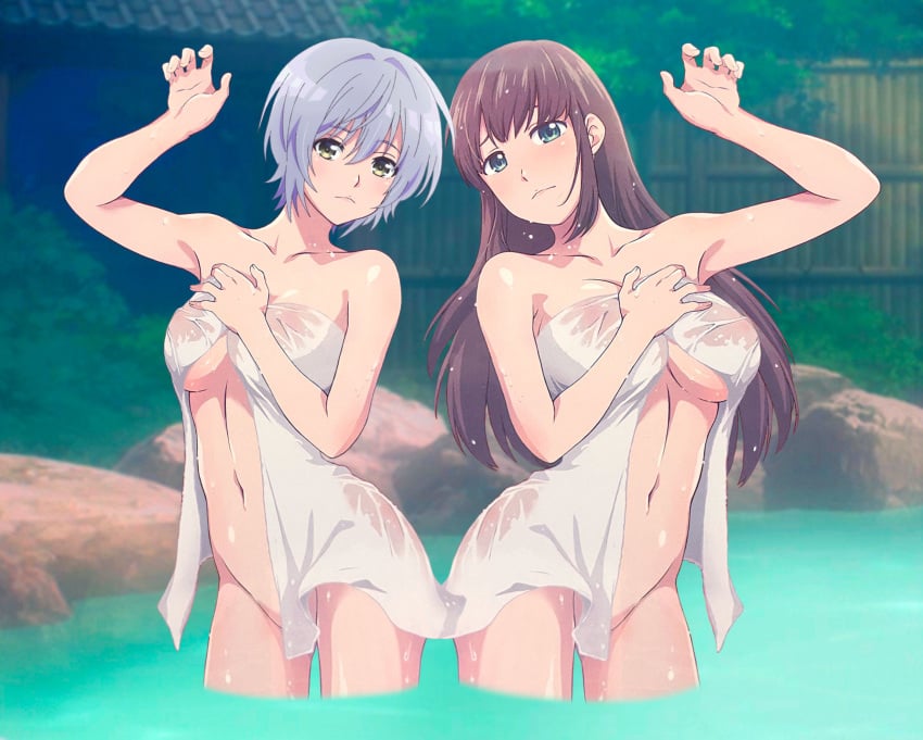 2girls bare_legs bare_shoulders cleavage hot_spring kikuchi_fuuka large_breasts medium_breasts tachibana_hina towel