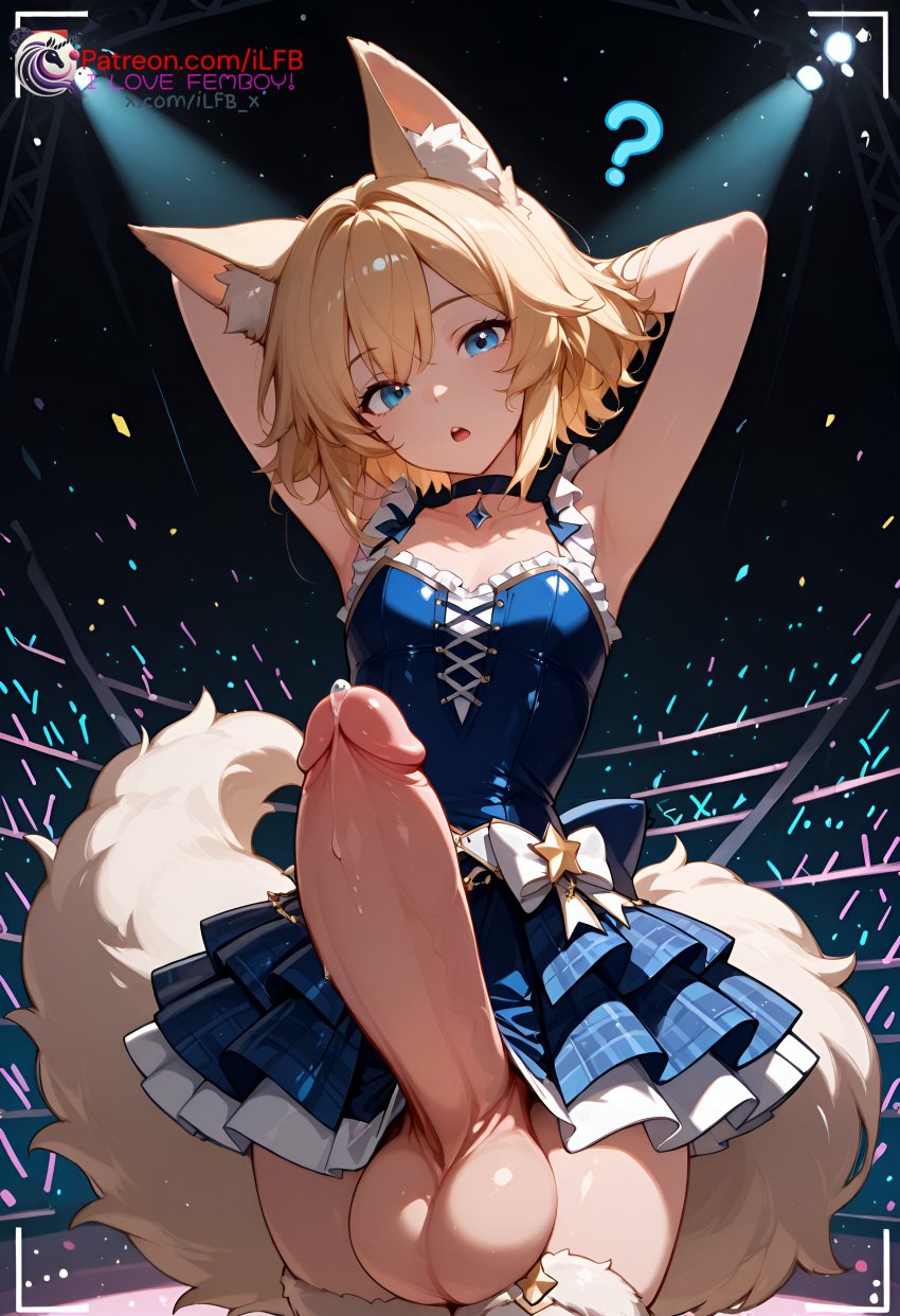 1boy ai_generated balls blonde_hair blue_eyes choker erection erection_under_skirt femboy flat_chest fox fox_ears fox_tail huge_balls huge_cock huge_testicles ilfb large_balls long_penis looking_at_viewer medium_hair more_at_source open_mouth otoko_no_ko pantyhose precum skirt skirt_up testicles tongue trap