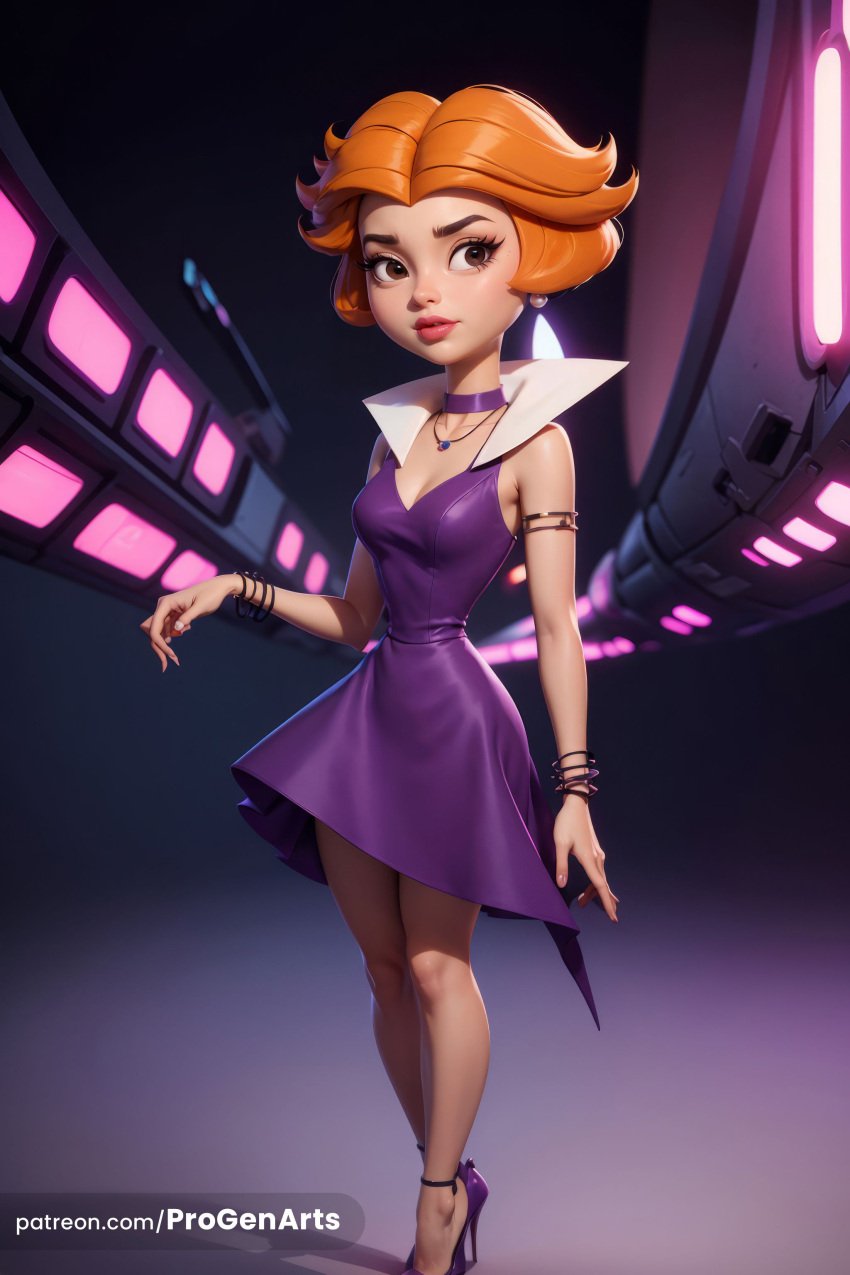 1girls ai_generated armlet bracelet breasts brown_eyes choker cleavage dress earrings full_body hanna-barbera hi_res high_heels jane_jetson jewelry lips makeup medium_breasts nail_polish necklace orange_hair progenarts purple_choker purple_dress purple_footwear short_hair small_breasts solo standing the_jetsons web_address