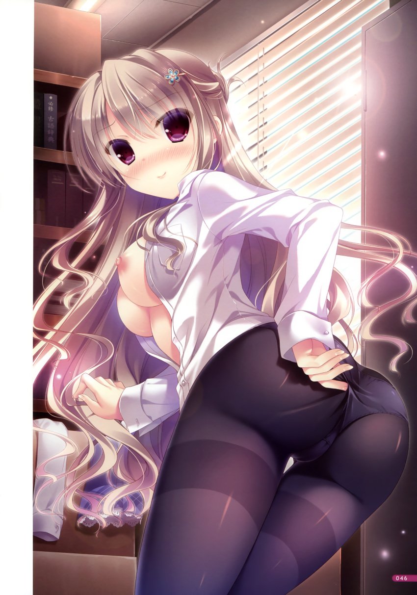 absurdres adjusting_clothes adjusting_panties ass black_legwear blush book bookshelf breasts brown_hair drawer dressing female full-face_blush highres indoors kimi_e_okuru_sora_no_hana long_hair looking_at_viewer looking_back nasuhara_hinagiku nipples no_bra open_clothes open_shirt panties panties_under_pantyhose pantyhose purple_eyes shirt smile sunlight thighband_pantyhose underwear white_shirt window yukie_(peach_candy)