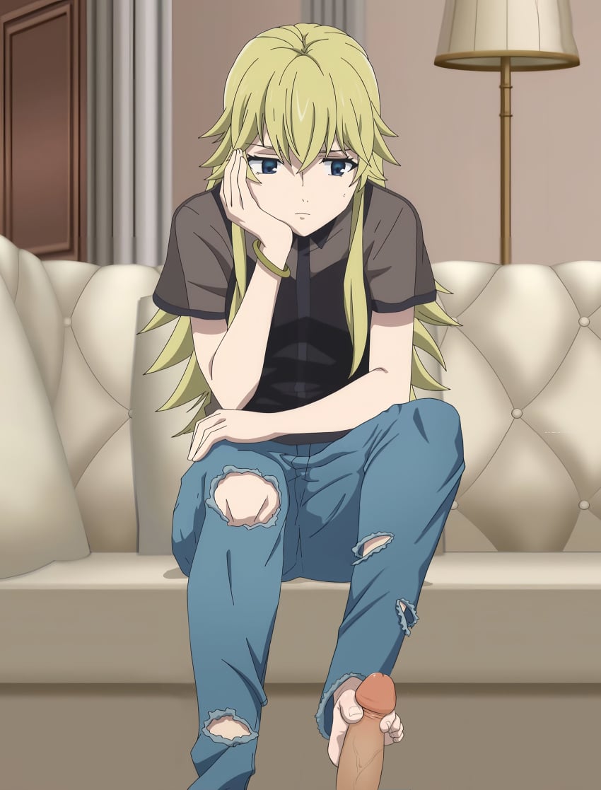 1boy 1girls arms assertive_female blonde_hair blue_eyes clothed crotch dick disinterested dominant_female emotionless_sex feet female femdom foot_fetish foot_focus footjob hands jeans kyokou_suiri legs light_skin long_hair medium_breasts otonashi_rion penis screencap screenshot sitting trousers unimpressed yellow_hair