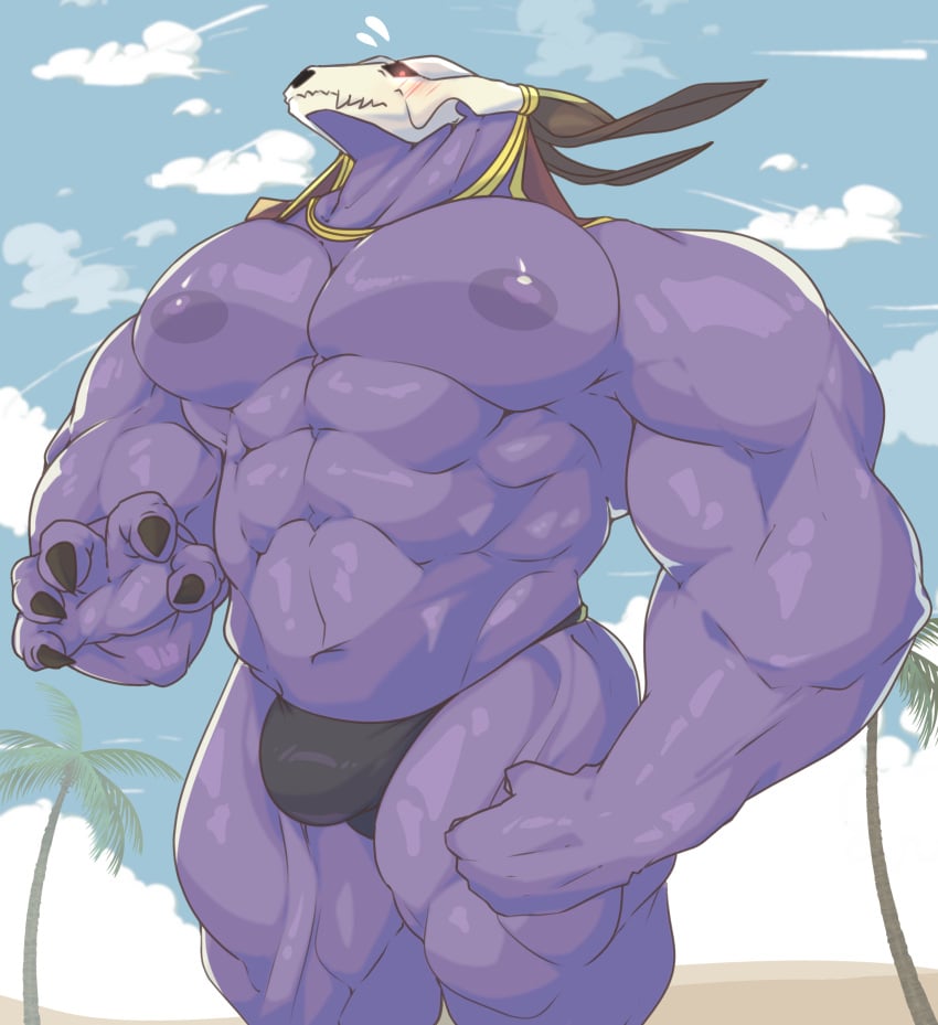 abs absurd_res anthro barazoku biceps big_pecs blush bone bulge claws clothing demon elias_ainsworth hi_res horn male monster muscular muscular_male muscular_thighs mzsilent navel nipples pecs serratus skull skull_head solo swimwear the_ancient_magus_bride thong triceps underwear