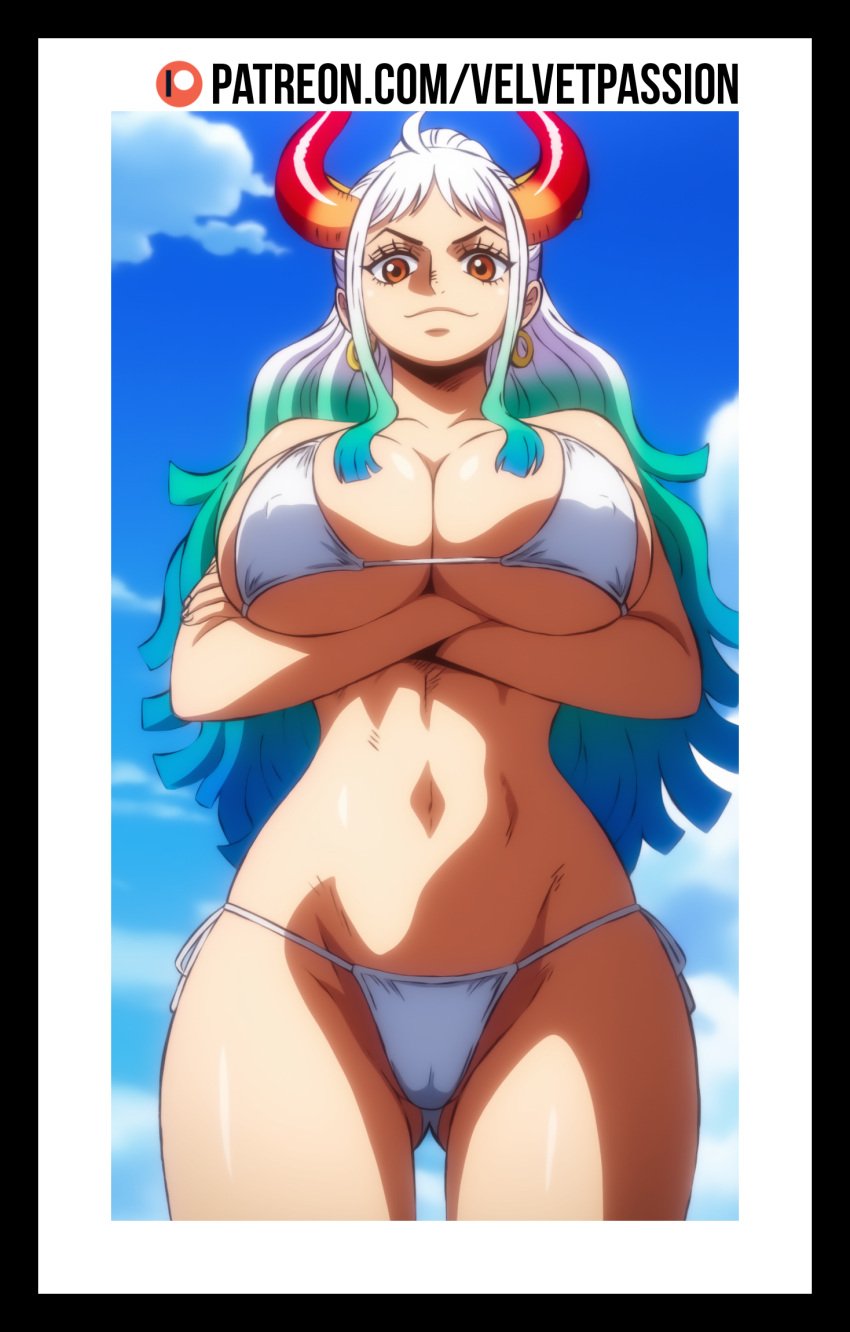 ai_generated anime big_breasts big_breasts bikini bikini_top dyed_hair ear_piercing earrings female female_focus female_only horn horns light-skinned_female light_skin manga one_piece oni oni_female oni_horns orange_eyes pov solo solo_female solo_focus standing strong_woman taller_female taller_girl velvetpassion white_hair white_panties yamato yamato_(one_piece)