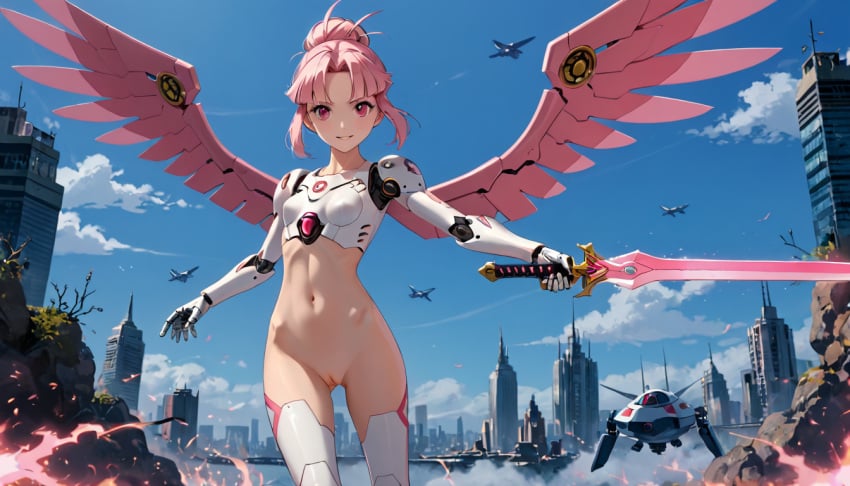 ai_generated android battle before_anal before_oral before_sex fight legs mech_unit_jenv13 mechanical_wings original_character pink_eyes pink_hair pussy robot robot_girl robot_humanoid robot_joints robotic_arm robotic_legs shaved_pussy sword terror139 thighs under_attack war