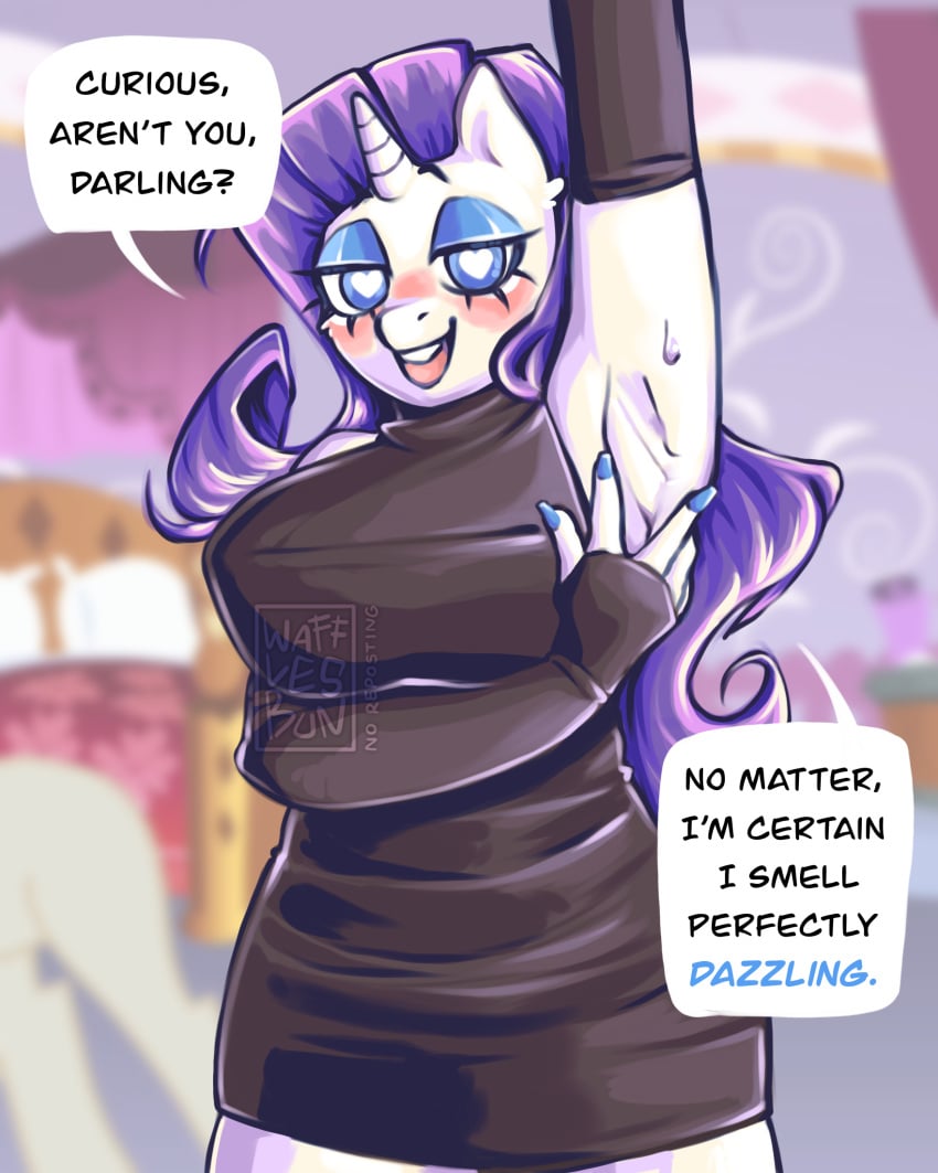 anthro_pony armpit_crease armpit_fetish armpit_sniffing armpits blush chubby_female curvy_female dialogue_bubble english_text friendship_is_magic hasbro looking_at_viewer my_little_pony rarity_(mlp) sweatdrop text unicorn wafflesbun