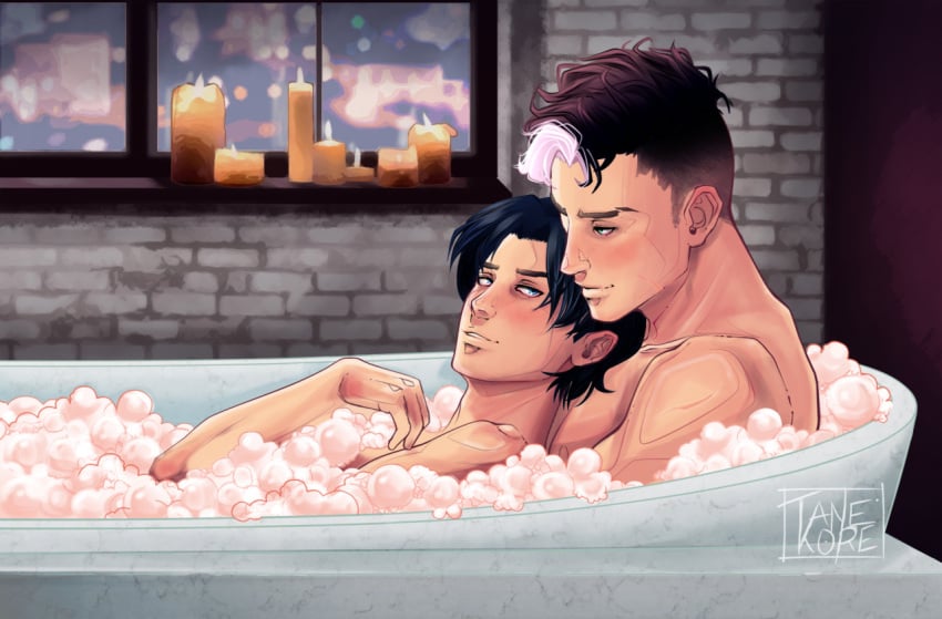 2boys bath bathing bathing_together bathroom bathtub batman_(series) candle dc dc_comics gay implied_gay jason_todd leaning_on_person male male_focus male_only red_hood_(dc) red_robin shirtless shirtless_male solo_male tim_drake white_strand_of_hair yaoi