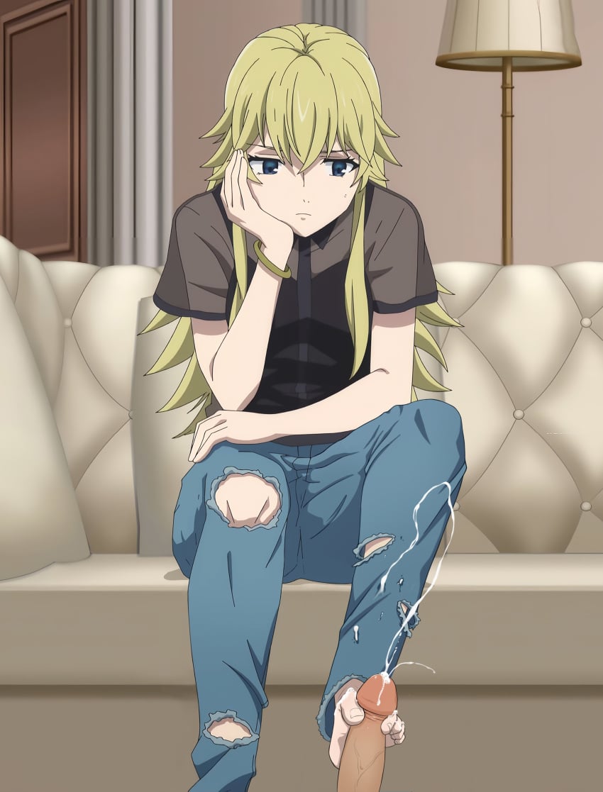 1boy 1girls arms assertive_female blonde_hair blue_eyes clothed crotch cum cum_on_feet cumming dick disinterested dominant_female ejaculation emotionless_sex feet female femdom foot_fetish foot_focus footjob hands jeans kyokou_suiri legs light_skin long_hair medium_breasts otonashi_rion penis screencap screenshot semen sitting sperm trousers unimpressed yellow_hair