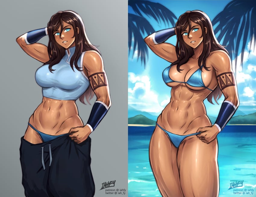 1girl abs adjusting_clothes adjusting_swimsuit arm_tattoo avatar_legends beach biceps bikini black_pants blue_bikini blue_eyes blue_panties bracer breasts brown_hair clothes_pull crop_top dark-skinned_female dark_skin drawstring female grey_background hair_between_eyes highres iahfy korra large_breasts long_hair muscular muscular_female navel palm_tree panties pants pants_pull shiny_skin signature simple_background sleeveless solo stomach sweat sweatpants swimsuit tattoo the_legend_of_korra thighs tree underwear