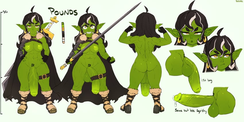 arm_armor balls big_penis black_hair blush bodily_fluids breasts broadsword cape clothed clothing ear_piercing ear_ring erection genital_fluids genitals goblin green_body gynomorph hair hi_res huge_cock humanoid intersex melee_weapon model_sheet mostly_nude muscular muscular_gynomorph muscular_intersex nipples penis piercing pointy_ears pounds_(anon) precum ring_piercing seraziel solo sword tattoo thigh_strap weapon