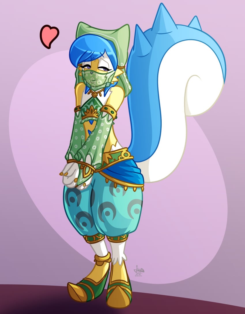 1boy big_tail blue_hair crossdressing cute cute_male femboy femboy_only furry furry_male gerudo gerudo_outfit hips jamearts pachirisu pokemon purple_eyes robin_wolf_winters squirrel tail the_legend_of_zelda two_tone_body two_tone_fur veil white_fur wide_hips