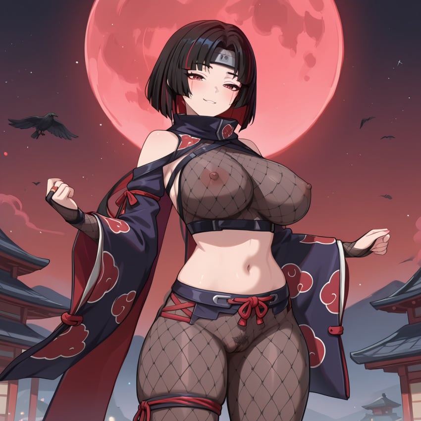 ai_generated black_hair c.c.leah eclipsea eclipsea_(enigma_of_sepia) enigma_of_sepia female genderbent huge_breasts huge_thighs mobile_game ninja red_eyes