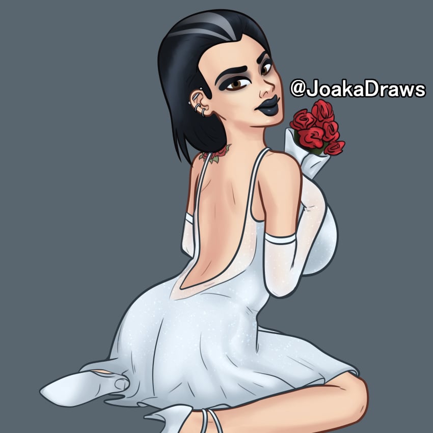 1girls 2d 2d_(artwork) alternate_version_available armwear black_hair black_lipstick clothing digital_drawing_(artwork) digital_media_(artwork) dress earrings female female_focus female_only goth goth_girl high_heels holding_rose joakadraws light-skinned_female light_skin lipstick long_hair looking_at_viewer odette_(summertime_saga) on_floor on_knees pose posing presenting presenting_ass rose rose_(flower) simple_background smile smiling solo solo_focus summertime_saga tattoo tattoos topwear