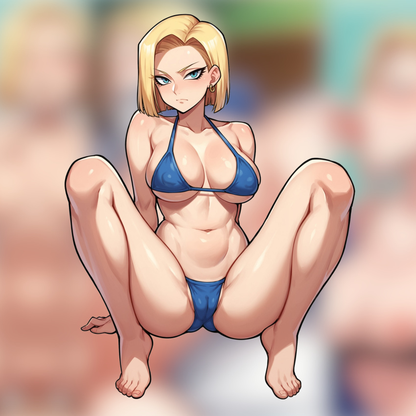 ai_generated android android_18 android_girl big_breasts blonde_female blonde_hair blue_eyes blurry blurry_background cameltoe covered_nipples dragon_ball dragon_ball_fighterz dragon_ball_super dragon_ball_z jorgecarlosai legs legs_apart milf milfs navel short_hair spread spreading swimsuit swimsuits tagme toned