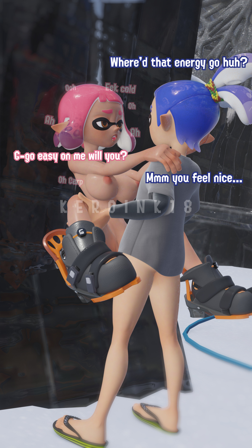 3d against_wall agent_3_(splatoon) agent_4_(splatoon) blue_hair breasts half-dressed holding_legs inkling inkling_boy inkling_girl keroink18 male_agent_3_(splatoon) moaning naked naked_female nude pink_hair self_upload sex splatoon splatoon_2 splatoon_3 text vaginal_penetration