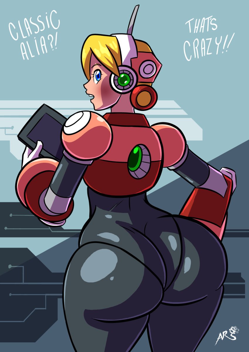 1girls abstract_background alia android armor axel-rosered big_butt big_hips blonde_hair blue_eyes bodysuit bubble_ass bubble_butt butt eyelashes fat_ass fat_butt female female_only from_behind gloves hand_on_hip huge_butt looking_at_viewer looking_back mega_man mega_man_x open_mouth pantylines reploid robot_girl short_hair solo spandex tablet teeth thick_ass thin_waist