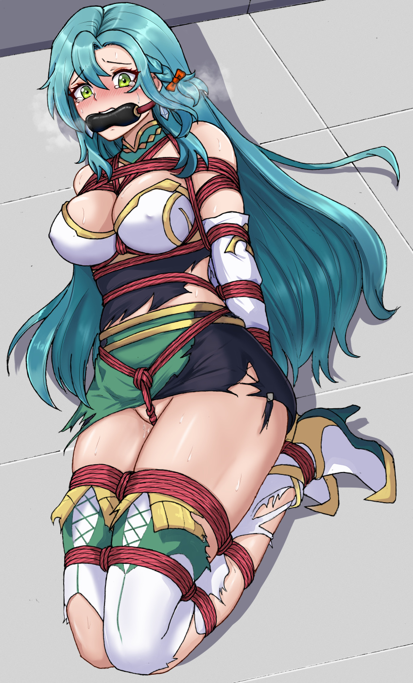 1girls aqua_hair arms_behind_back bare_thighs blue_hair blush bondage boots bound braid breasts captured chloe_(fire_emblem) cleavage covered_nipples crying crying_with_eyes_open defeated earrings ecchinoidea elbow_gloves female female_only femsub fire_emblem fire_emblem_engage gag gloves green_eyes heavy_breathing high_heels large_breasts long_hair nintendo no_panties restrained solo sweat thigh_boots thighs torn_clothes very_long_hair