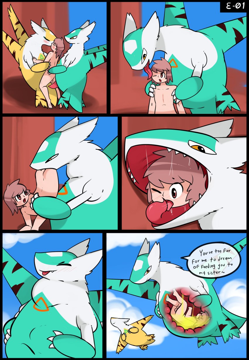 absurd_res anthro balls barefoot belly big_belly blush bodily_fluids bulge canid canine comic digital_media_(artwork) duo e-01 english_text eon_duo erection feet female feral flying fur generation_3_pokemon genitals green_eyes hair hi_res human internal interspecies kissing latias latios legendary_duo legendary_pokemon licking male male/female male_pred mammal multicolored_body nintendo nude open_mouth oral_vore organs penis pokemon pokemon_(species) saliva simple_background size_difference smile stomach stomach_acid stomach_bulge striped_body stripes swallowing tail teeth text tongue vore white_body white_fur xray_view yellow_eyes